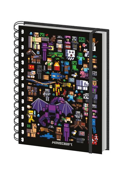 A Minecraft Mobbery A5 Spiral Note Book by Blue Dog Posters with a black cover featuring a colorful collage of pixelated Minecraft characters and elements, including a dragon, creepers, and various animals. The word "Minecraft" appears at the bottom of the cover, making it an ideal choice for premium notebooks or stationery gifts.