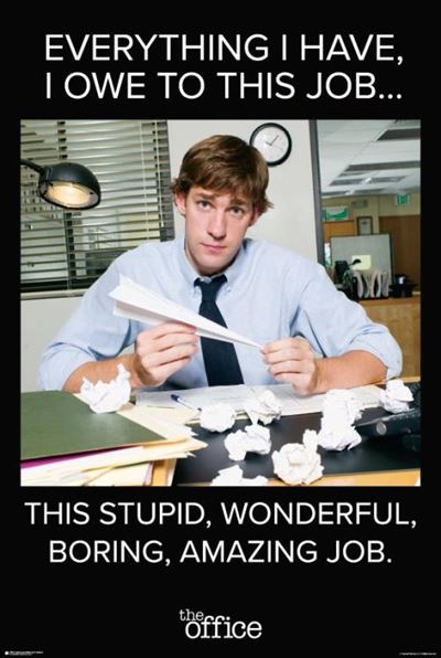 A man in an office setting folds a paper airplane while surrounded by crumpled papers. Above him, text reads: "Everything I have, I owe to this job..." Below him, text reads: "This stupid, wonderful, boring, amazing job." The logo of The Office Jim is at the bottom. Perfect for your MTV 246 collection.