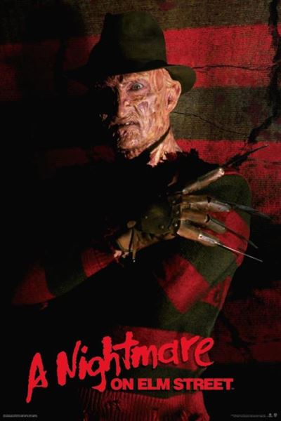 An eerie burned-face figure in a striped sweater and fedora, with a bladed glove, stands before a red-striped backdrop. "A Nightmare on Elm Street" by MTV—a must-have cult movie poster for fans.