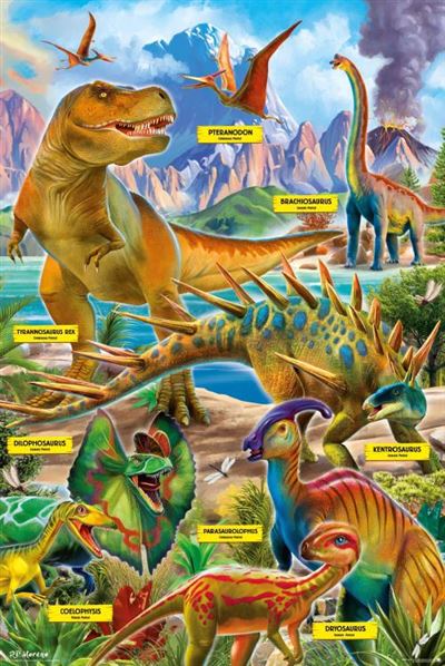A vibrant illustration of various dinosaurs in a prehistoric landscape, including a Tyrannosaurus Rex, Brachiosaurus, Pteranodon, Kentrosaurus, Dilophosaurus, Parasaurolophus, Dryosaurus, and Coelophysis. This science-themed poster is an educational collection on premium 150gsm gloss paper with each dinosaur labeled in a colorful environment. The product is called "P.D. Moreno - Dinosaurs" by the brand EDU 034.