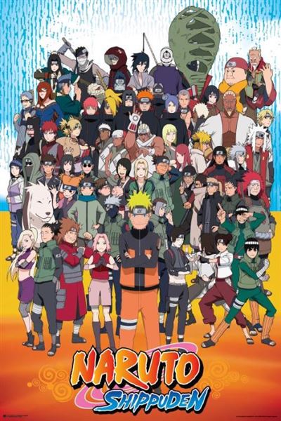 A promotional anime poster titled "Naruto Shippuden - Cast" by MTV 165 showcases numerous characters from the series standing together in three rows. The main character, Naruto, wearing his signature orange and black outfit, stands prominently at the front center. The show's title is displayed at the bottom of this large Japanese animation poster.