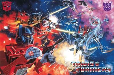 An action-packed scene featuring Transformers (Retro) - Space Battle by MTV 182 engaged in an intense space battle, perfect for any Movies & TV Collection. Robots and spacecraft clash with laser beams and explosions lighting up the cosmic background. Two prominent factions are represented: Autobots on the left and Decepticons on the right.