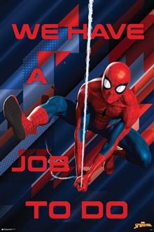 Spider-Man is in an action pose, with one leg extended and a web-shooting arm outstretched, against a dark, geometric background. The phrase "We have a job to do" is displayed in bold, red letters on this MTV 261 Marvel Spider-Man - Job To Do poster printed on premium 150gsm gloss paper.