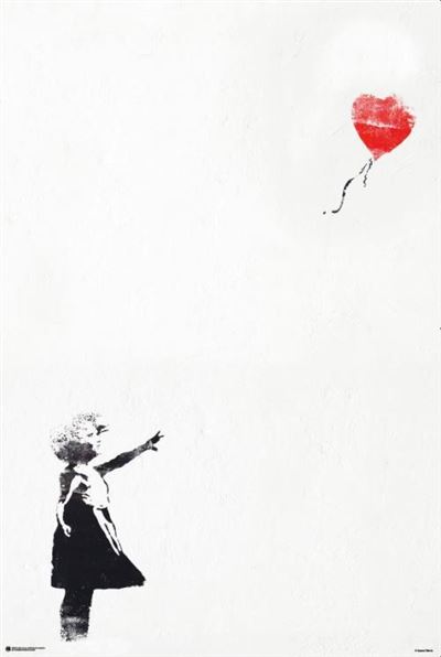 A stencil artwork depicting a young girl in a black dress reaching out with one hand towards a red, heart-shaped balloon that is drifting away. The predominantly white background emphasizes the contrasting, simple yet poignant imagery, perfect as an urban art poster for your collection. This piece is titled Banksy - Balloon Girl and is available under the brand name ART 001.