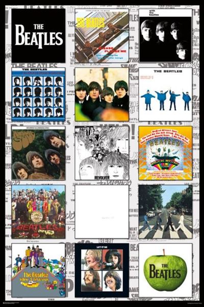 MUS 245 presents "The Beatles - The Albums," a large collage displaying 16 iconic album covers of The Beatles, including "Abbey Road," "Sgt. Pepper's Lonely Hearts Club Band," "Revolver," and "Rubber Soul." Each album is portrayed in a grid format against a background with repeating text, making it a perfect addition to any music collection.