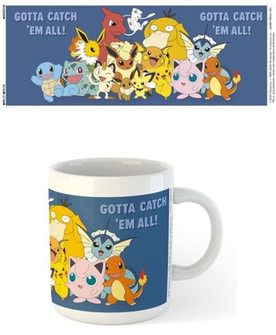 A white mug from our Homewares Collection features a vibrant design of multiple Pokémon characters including Pikachu, Jigglypuff, Eevee, Charmander, Squirtle, and others. Above the characters, the text reads "Gotta Catch 'Em All!" Plus, it's dishwasher safe for added convenience! The Pokemon - Gotta Catch Em All Mug by Blue Dog Posters is perfect for any Pokémon fan's kitchen.