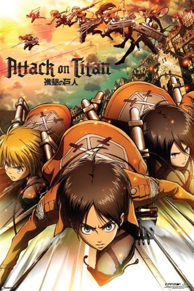 Dive into the epic "Attack on Titan" world with this stunning poster from MTV 002. It features three airborne characters in battle gear against a city besieged by colossal creatures, with text displayed in English and Japanese.