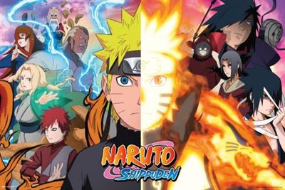 Promotional image for the Japanese animation series "Naruto Shippuden" featuring characters from the series. The anime poster is split down the middle, with various characters and dramatic action poses on each side. The "Naruto Split" logo by MTV 029 sits prominently at the bottom center of the image.
