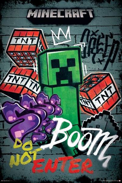 The Minecraft - Do Not Enter Graffiti poster by GAM 026 showcases high-quality printing with the iconic Creeper at the center, surrounded by graffiti-style illustrations, including TNT blocks, the word "Boom," a crown, purple hearts, and "Do Not Enter" in red. The artwork pops on premium gloss paper with a brick wall background.