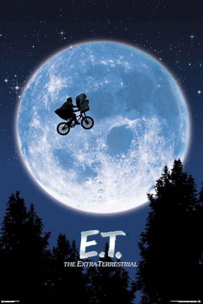 A silhouette of a boy riding a bicycle with an alien in the front basket flies across a large, bright full moon in a starry night sky. The text at the bottom reads "E.T. THE EXTRA-TERRESTRIAL." Framed by tree tops, this iconic E.T. - Moon poster from MTV 009 is perfect for any Movies & TV Collection.