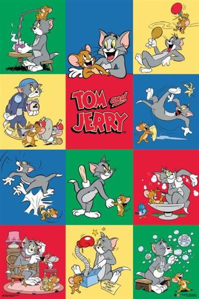 A colorful collage of twelve Tom and Jerry scenes, each set on red, green, yellow, or blue backgrounds. The scenes depict various antics between Tom the cat and Jerry the mouse, including chasing, playing instruments, and engaging in humorous slapstick comedy. "Tom And Jerry - Panels" by MTV 216 is written in the center of this TV Show Poster.