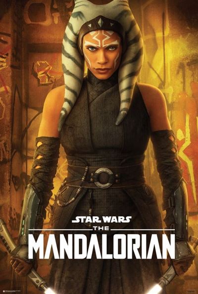 A character with white and blue striped head-tails, dressed in a dark warrior outfit, holding two lightsabers stands against a golden-hued background. The text "The Mandalorian - Ahsoka Tano" appears at the bottom of this high quality poster from MTV 142.