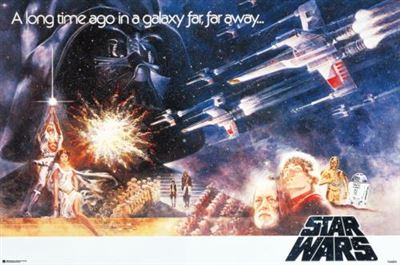 Experience the iconic MTV 153 Star Wars - A New Hope Landscape from our Movies & TV Collection, featuring a cloaked figure, a princess, and robots amidst spaceships battling against a backdrop of stars. With high quality printing and the text 'A long time ago in a galaxy far, far away...' at the top, it's perfect for any fan.