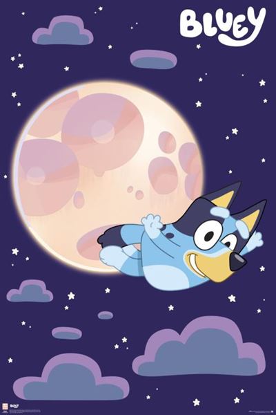 An animated blue heeler dog character, Bluey, is flying in space with a large moon and stars in the background. The joyful character has arms outstretched as if soaring. The word "Bluey" is written in white at the top right corner of this Bluey - Fruit Bat from the KID 002 Collection, printed on premium 150gsm gloss paper.