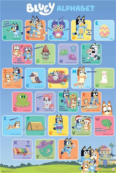 An alphabet poster themed around the cartoon "Bluey." Each letter from A to Z is paired with a character or object from the show, along with a short phrase or word starting with that letter. Part of our KID 020 collection, Bluey and other characters appear in various poses and activities — introducing Bluey - ABC.