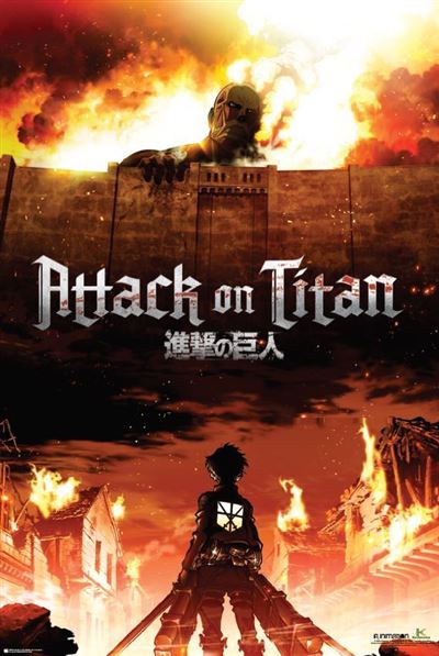 Poster for the anime "Attack on Titan - Key Art" by MTV 008 featuring a giant humanoid figure looming over a tall wall with flames and destruction below. The show title is written in stylized text with Japanese characters beneath. A character stands below facing the scene, wearing gear—perfect for any Anime Poster collection.