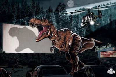 A massive, roaring T-Rex wreaks havoc through a drive-in movie theater under the night sky, as terrified people scramble to escape their cars. A helicopter casts a spotlight on the formidable dinosaur. The movie screen captures this intense scene in silhouette, creating an ideal hit movie poster titled "Jurassic World: Dominion - Drive-In," printed on premium 150gsm gloss paper by MTV 250.