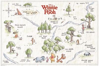The Winnie the Pooh - 100 Acre Wood map by MTV 316 is a whimsical illustrated map of the Hundred Acre Wood from Disney's Winnie the Pooh. This Kids TV Poster features notable locations like Pooh Bear's House, Rabbit's House, Piglet's House, Eeyore's Gloomy Place, and others. Characters such as Tigger and Pooh are shown on the map.