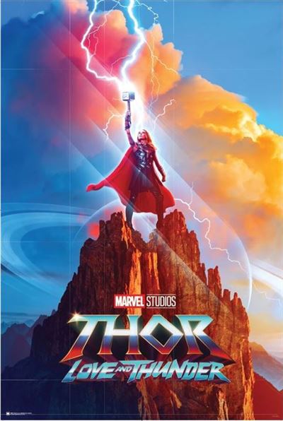 Poster for "Thor: Love and Thunder - Jane Foster" from MTV 046, featuring Thor standing triumphantly on a rocky peak, holding his hammer aloft as lightning strikes. The sky is vibrant with storm clouds and glowing light, and the movie title is prominently displayed at the bottom.
