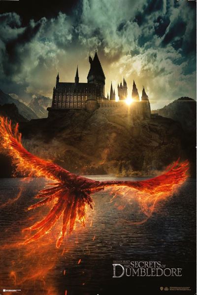 A fiery phoenix flies over a lake with Hogwarts castle in the background, beneath a cloudy sky with rays of sunlight breaking through. This hit movie poster for "Fantastic Beasts - The Secrets of Dumbledore" by MTV 095 is printed on premium 150gsm gloss paper.