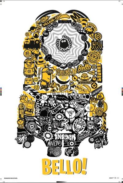 The Minions Rise of Gru - Bello Infographic by MTV 213 features an artistic illustration of a Minion created from a mosaic of small, eclectic graphics and symbols in black, yellow, and white. The Minion is depicted saying "Bello!" at the bottom. This vibrant piece includes various Minion-related icons, words, and shapes, making it a perfect addition to any Kids Movie Poster collection.