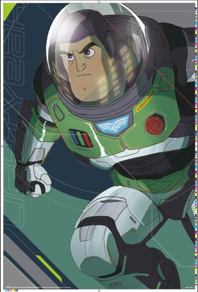 The Lightyear Buzz poster from MTV 321 features an animated character in a space suit, resembling Buzz Lightyear, depicted in a dynamic flying or jumping pose with a serious expression. The suit is primarily green, white, and black with reflective surfaces and various control buttons visibly detailed. This premium-quality print is presented on 150gsm gloss paper.