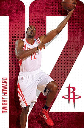 A basketball player, sporting the SPO 012 white uniform with red accents and the number 12, makes a one-handed layup. "NBA Dwight Howard" is emblazoned along the side. The backdrop showcases a large number 12 alongside the Houston Rockets logo.