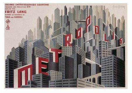 Vintage poster for the cult movie "Metropolis" by Fritz Lang, printed on high quality 250gsm Satin Paper. The design features a futuristic cityscape with skyscrapers and the word "METROPOLIS" in large red letters. Part of the Metropolis Cityscape Collection by A3 274, it boasts an Art Deco style and includes production details in French.