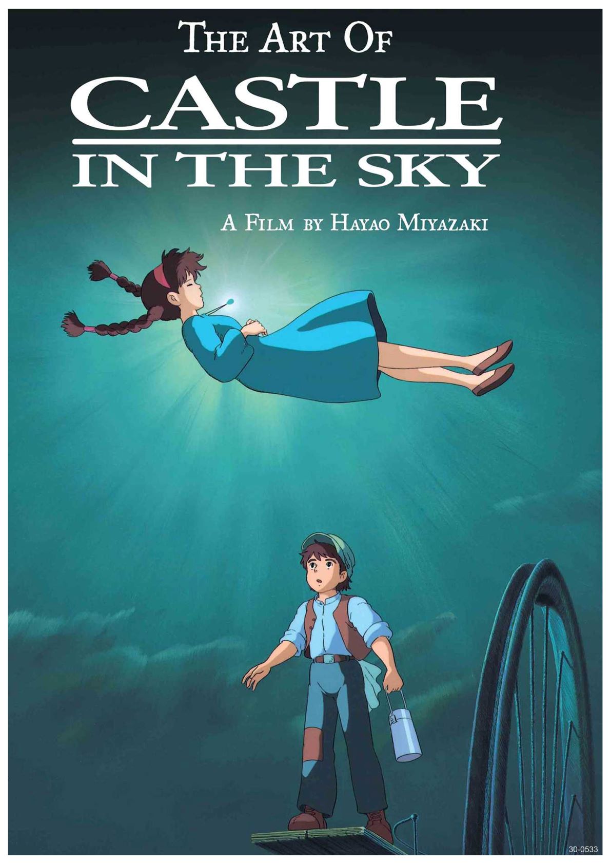 The cover of Ghibli - The Art of Castle In the Sky from Y features a girl in a blue dress floating above a boy wearing a cap, both from the animated film by Hayao Miyazaki. The boy stands near machinery, looking up at the floating girl with a calm, focused expression. This scene is beautifully captured on an A3 Poster using high quality 250gsm Satin Paper.