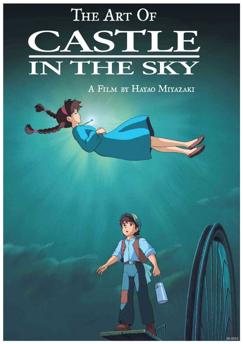 The cover of Ghibli - The Art of Castle In the Sky from Y features a girl in a blue dress floating above a boy wearing a cap, both from the animated film by Hayao Miyazaki. The boy stands near machinery, looking up at the floating girl with a calm, focused expression. This scene is beautifully captured on an A3 Poster using high quality 250gsm Satin Paper.
