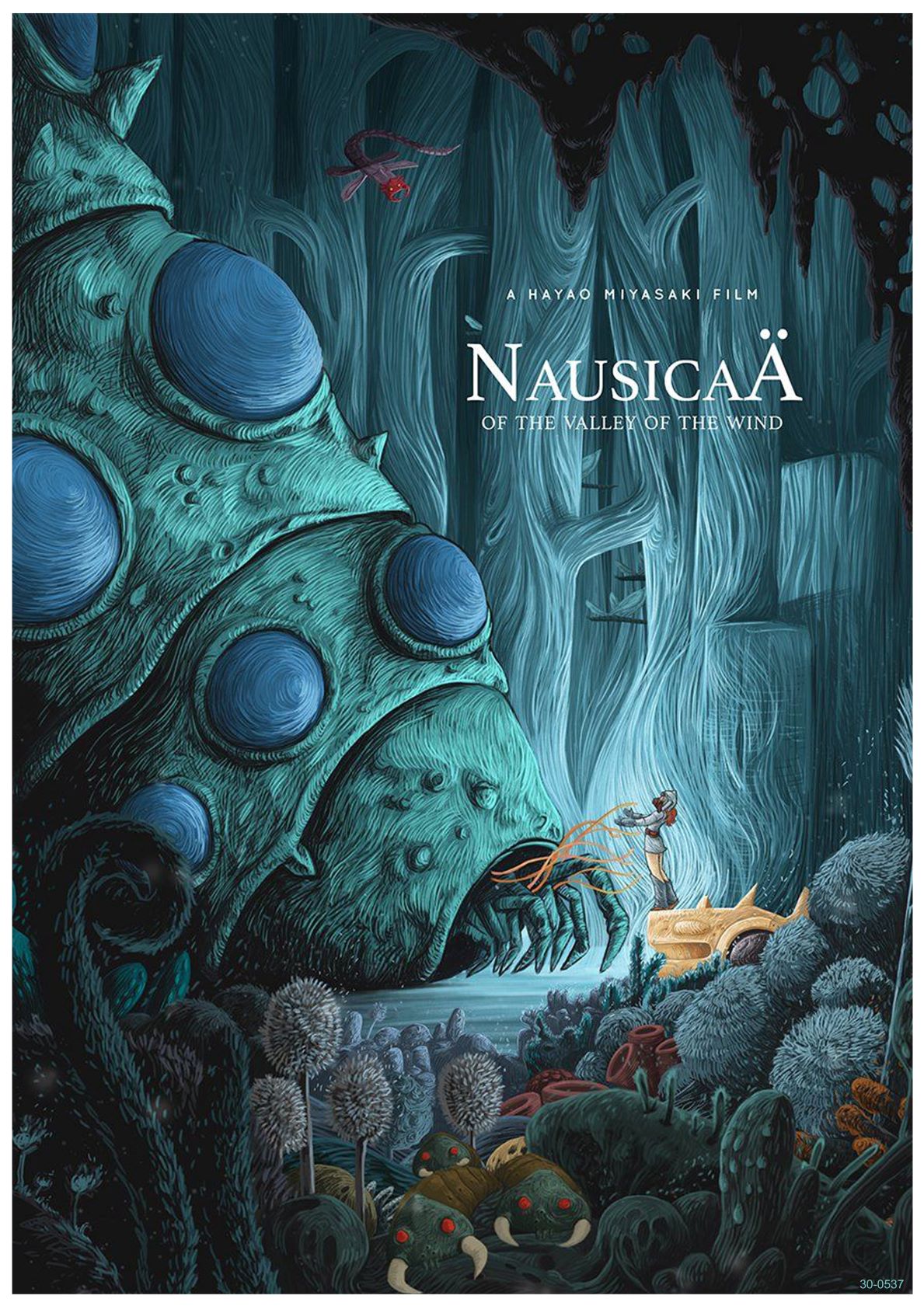 A fantastical scene featuring a giant insect creature from the movie "Nausicaä of the Valley of the Wind." In the foreground, a person stands near a large blue-green insect in a lush, mythical forest. This anime poster showcases exquisite detail, perfect for Ghibli - Nausicaa by Y with digital laser printing.