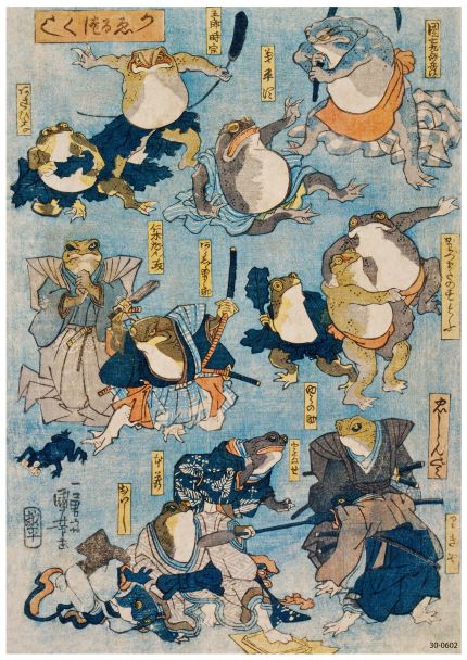 A vivid Japanese Art Poster featuring anthropomorphic frogs engaging in various human activities. The frogs, dressed in traditional Japanese clothing, play instruments and hold fans. The textured blue background showcases Japanese text and symbols. Printed on high quality 250gsm Satin Paper, it's an A3 poster to treasure: Frog Battle Utagawa Kuniyoshi by A3 476.