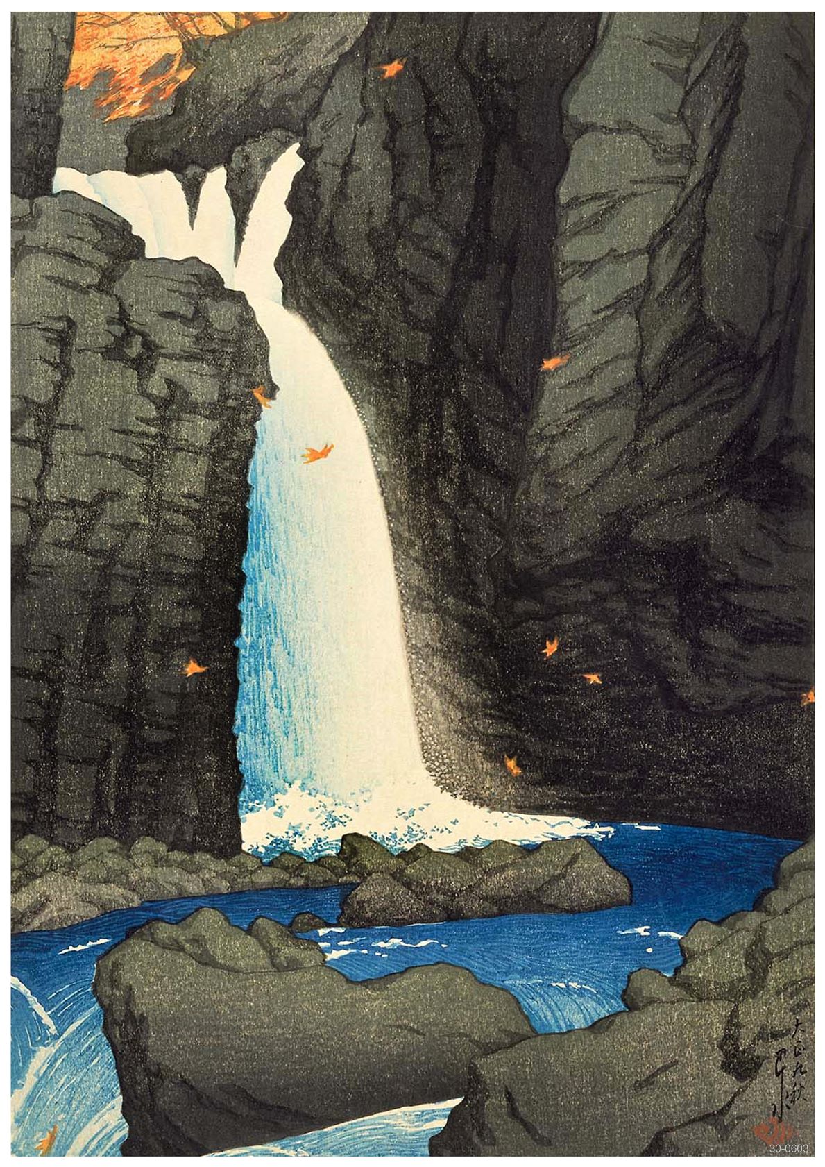 A detailed illustration depicts a tall waterfall cascading down between steep, dark rocky cliffs into a blue pool below. Bright orange leaves are scattered through the air and on the rocks, suggesting an autumn scene. The vibrant artwork, "Yuhi Waterfall," available from A3 477 as A3 Posters, is richly textured on high quality 250gsm Satin Paper.