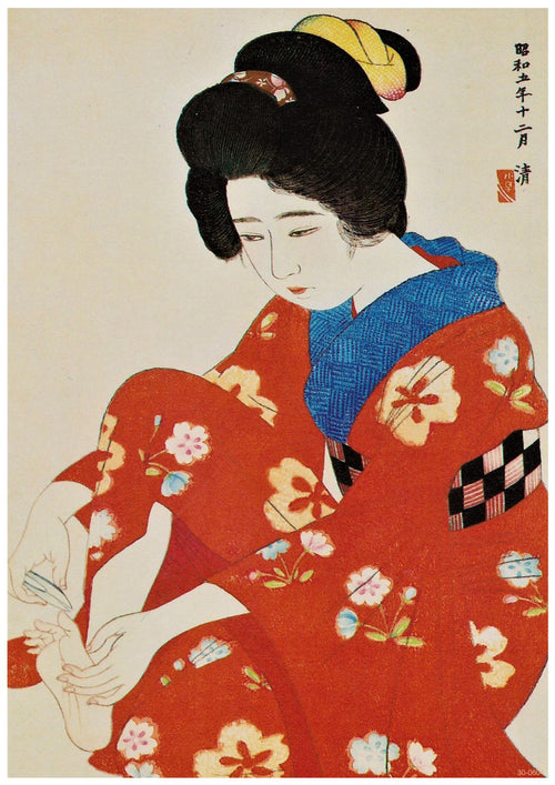 This traditional Japanese art poster, **Woman Cutting Her Nails** by **A3 478**, showcases a woman in a vibrant red kimono adorned with floral patterns. She is seated, focusing on her foot, held with both hands. Her hair is styled in an elaborate updo, and a blue fabric drapes around her shoulders. Printed on 250gsm satin paper, it's perfect for A3 posters.