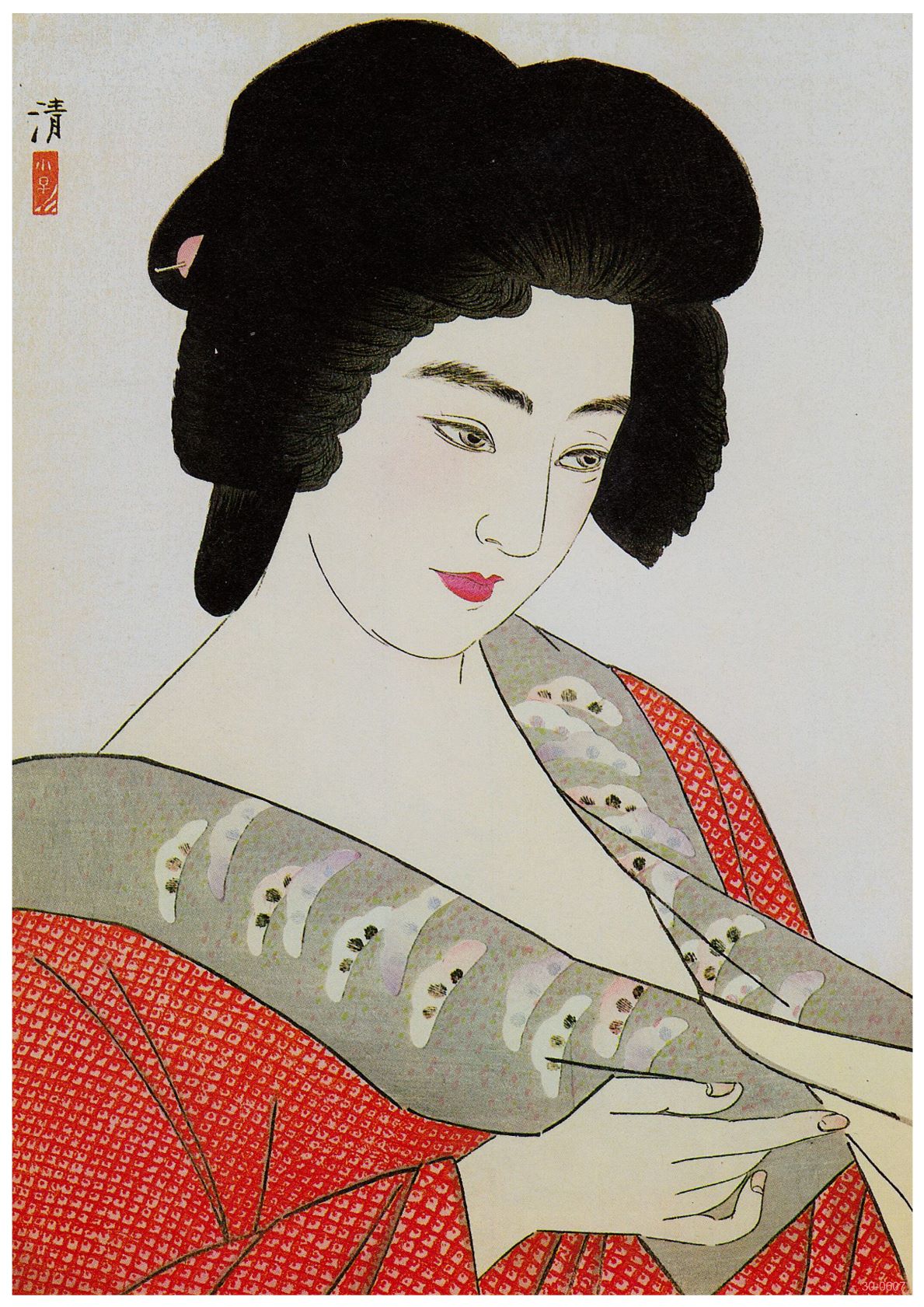 This Japanese Art Poster, titled *Seishun*, depicts a serene woman in traditional attire. She has dark, styled hair and wears an intricate red kimono. The soft color palette and Ukiyo-e influence are striking on high-quality 250gsm satin paper, making it perfect for A3 posters by A3 480.