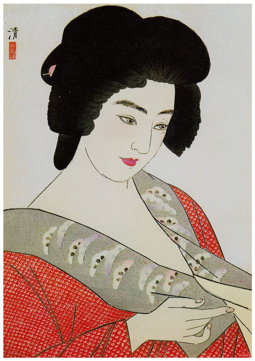 This Japanese Art Poster, titled *Seishun*, depicts a serene woman in traditional attire. She has dark, styled hair and wears an intricate red kimono. The soft color palette and Ukiyo-e influence are striking on high-quality 250gsm satin paper, making it perfect for A3 posters by A3 480.