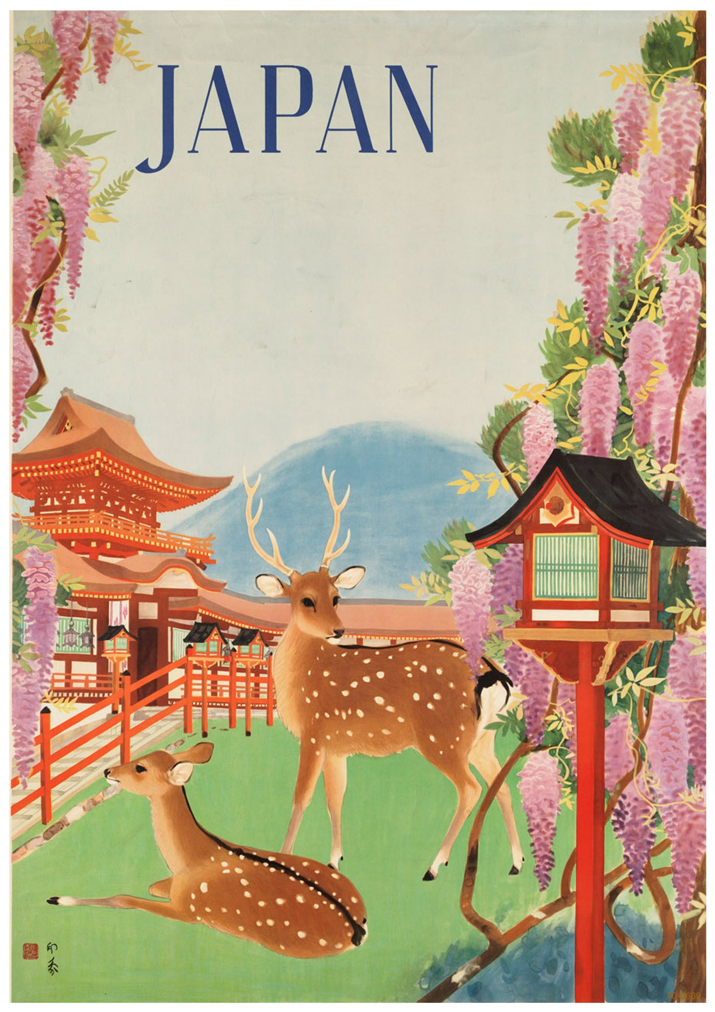 A vintage travel poster for Japan, printed on 250gsm satin paper, features two spotted deer against a backdrop of traditional Japanese architecture, including a pagoda and a lantern. Purple wisteria flowers hang down with a mountain in the distance. The word "JAPAN" is at the top. This is the 1930s Japanese Travel Poster II by A3 482.