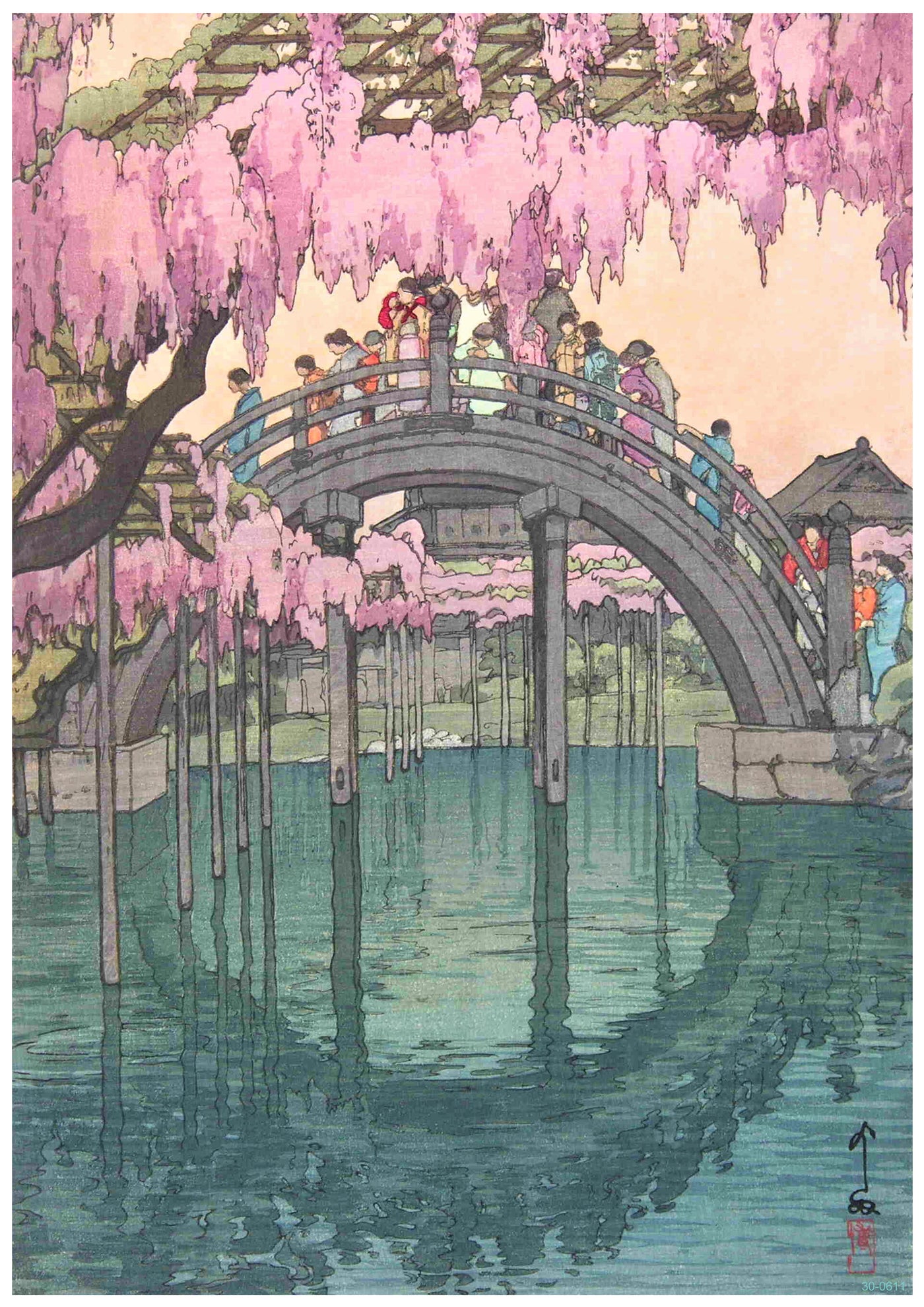 A vibrant, traditional woodblock print depicting a curved bridge adorned with cherry blossoms. People wearing colorful clothing cross the bridge, surrounded by hanging pink flowers and reflecting water below. An idyllic, serene scene of Japanese culture and nature printed on 250gsm Satin Paper called Drum Bridge at Kameido Shrine by A3 484.