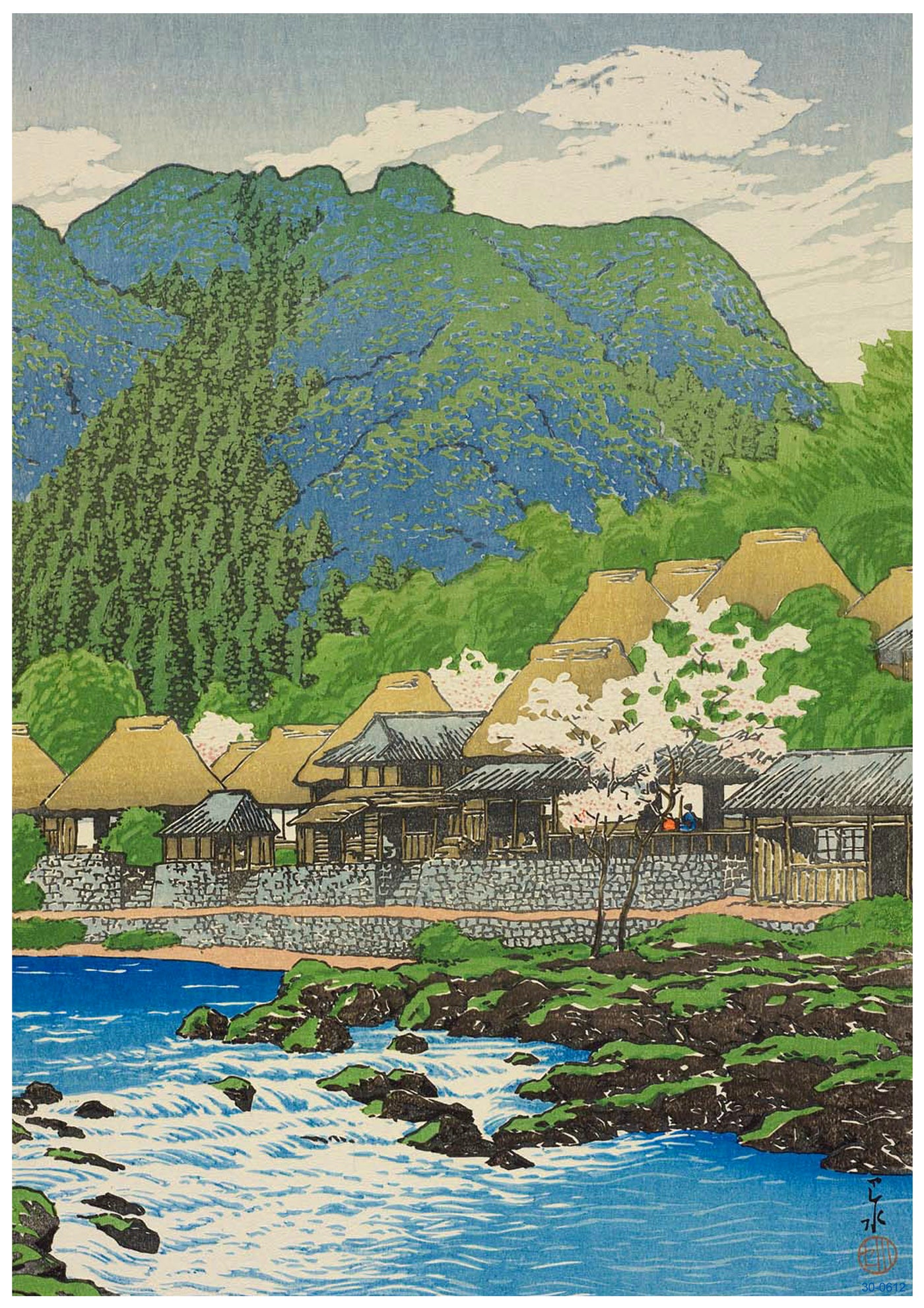 A scenic, traditional Japanese village set against a backdrop of lush, green mountains. The village features thatched roof houses with blooming cherry blossom trees. A blue river with rocks flows in the foreground, adding to the serene and picturesque landscape, perfect for a high-quality Anraku Hot Springs art poster by A3 485.