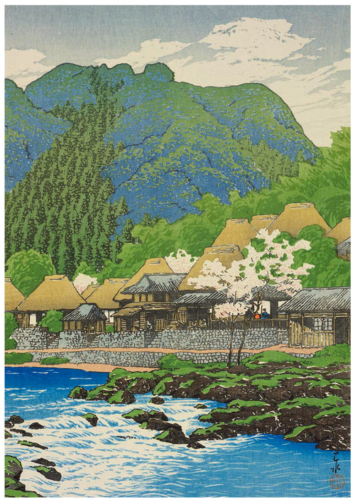 A scenic, traditional Japanese village set against a backdrop of lush, green mountains. The village features thatched roof houses with blooming cherry blossom trees. A blue river with rocks flows in the foreground, adding to the serene and picturesque landscape, perfect for a high-quality Anraku Hot Springs art poster by A3 485.