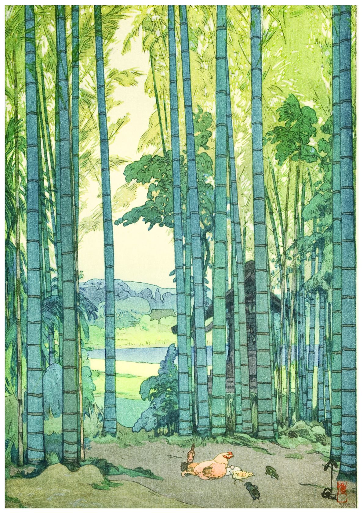 An artistic illustration depicts a serene forest scene with tall, slender bamboo trees. At the forest floor, a tan and white rabbit rests among green plants, paws outstretched and eyes closed. The background reveals rolling hills under a light green and blue sky, perfect for A3 486 Bamboo Grove inspired by Japanese Art.