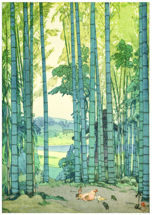 An artistic illustration depicts a serene forest scene with tall, slender bamboo trees. At the forest floor, a tan and white rabbit rests among green plants, paws outstretched and eyes closed. The background reveals rolling hills under a light green and blue sky, perfect for A3 486 Bamboo Grove inspired by Japanese Art.
