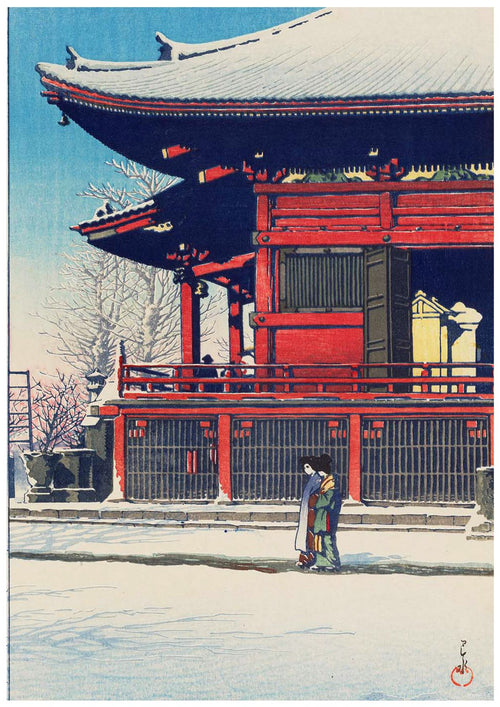 A couple stands close together in front of a traditional Japanese temple. The temple's rich red and dark wooden architecture contrasts with the snowy landscape, with snow covering the ground and tree branches in the background, reminiscent of scenes one might find on high-quality A3 487 Clearing Sky After Snow posters.