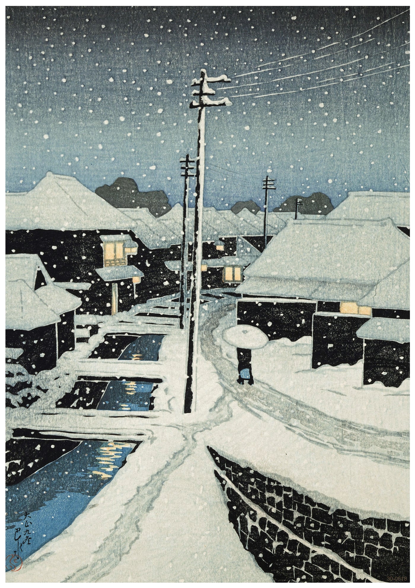 A nighttime snowfall in a quiet village, depicted in a traditional Japanese woodblock style. Snow-covered rooftops and paths create a serene scene, with one figure holding an umbrella walking along the path. Light glows from a few windows, adding warmth. Perfect for Evening Snow by A3 491 on high quality Satin Paper.