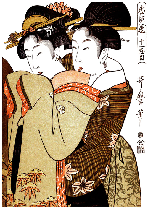 A classic Japanese ukiyo-e woodblock print depicting two elegantly dressed women in traditional kimonos, adorned with intricate hairstyles and hairpins. They are closely positioned, facing each other, with a serene and intimate expression. This 2 Japanese Ladies poster by A3 493 is printed on high quality 250gsm Satin Paper.