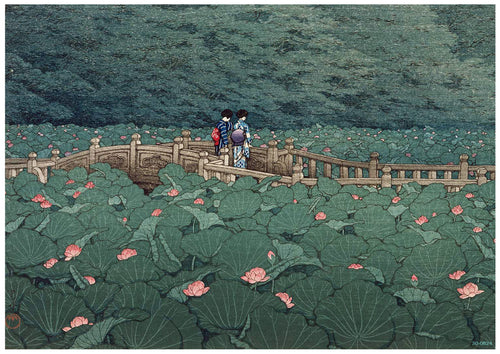 A serene scene depicting three people standing on a wooden bridge surrounded by lush green plants with pink flowers, likely lotus blossoms. The sky and background have a soft, muted tone, enhancing the tranquil atmosphere. The people are dressed in traditional attire, beautifully captured in "The Pond at Benton Shrine" available as A3 495 Posters on high-quality 250gsm Satin Paper.