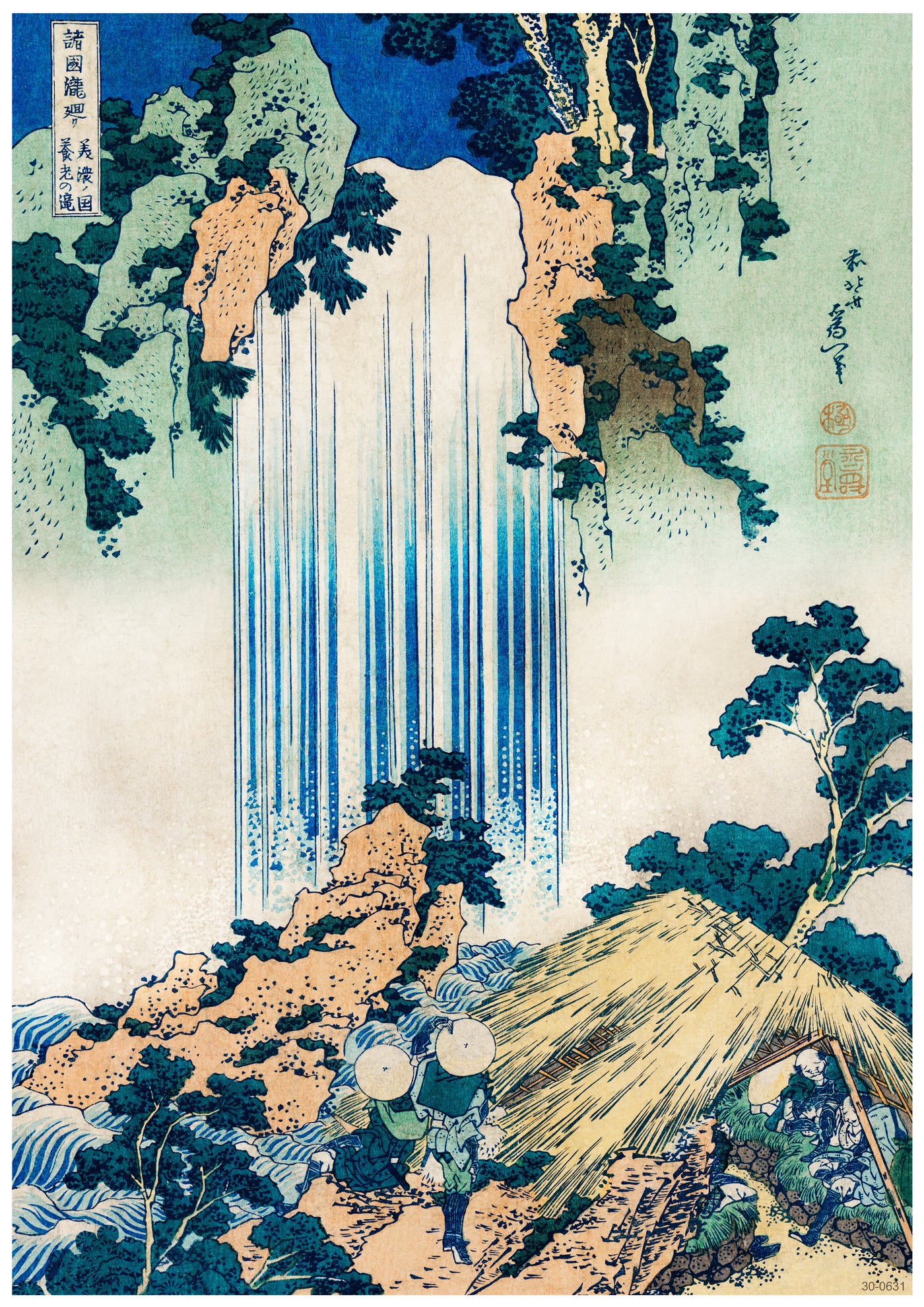 The A3 503 Hokusai Yoro Waterfall, presented as an A3 poster on 250gsm satin paper, depicts a tall, narrow waterfall cascading over rocky cliffs surrounded by lush greenery. At the base of the waterfall, two travelers approach a thatched-roof hut under trees. Their hats and cloaks suggest they are on a journey.