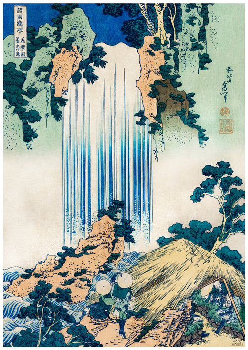 The A3 503 Hokusai Yoro Waterfall, presented as an A3 poster on 250gsm satin paper, depicts a tall, narrow waterfall cascading over rocky cliffs surrounded by lush greenery. At the base of the waterfall, two travelers approach a thatched-roof hut under trees. Their hats and cloaks suggest they are on a journey.