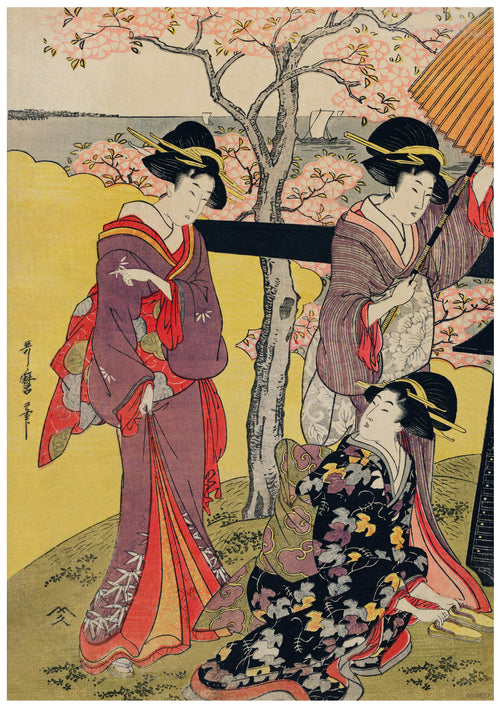 A traditional Japanese ukiyo-e print depicting three women in colorful kimonos, standing by a blossoming cherry tree. They each have elaborate hairstyles and are engaged in conversation. Part of the A3 509 Collection, this serene landscape with cherry blossoms and a river is printed on 250gsm satin paper. The artwork is titled "3 Japanese Women.