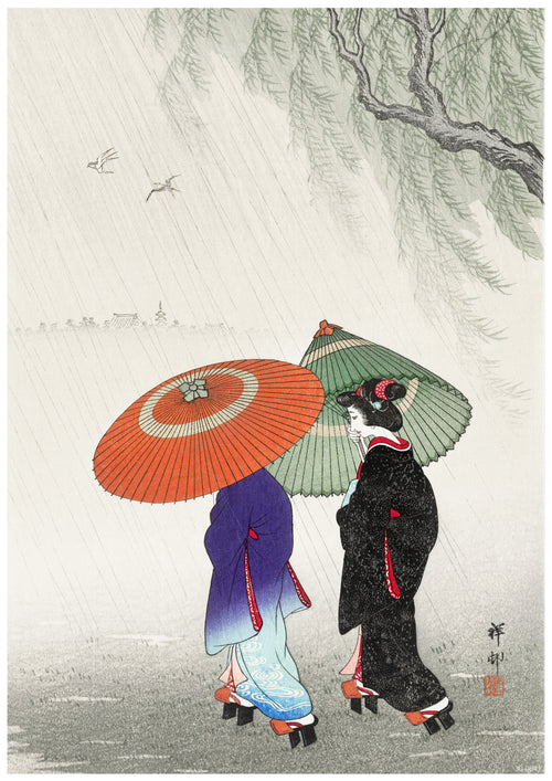 Two women in traditional Japanese kimonos and wooden sandals walk through the rain, holding umbrellas. One wears a blue and black kimono with a red and white umbrella, and the other a black kimono with a green and red umbrella. A tree and birds are visible in the background on this high quality Satin Paper "Two Women in the Rain" by A3 513.